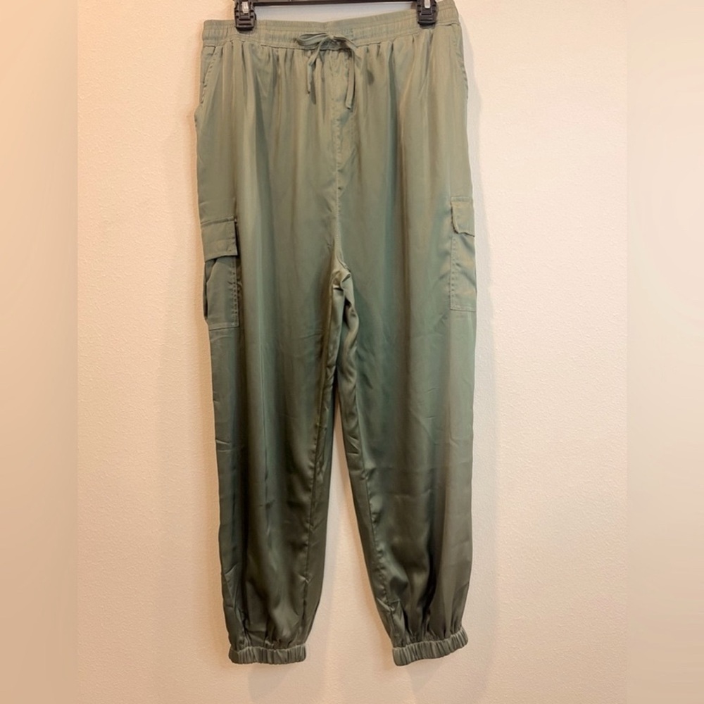 Slate green satin cargo joggers, high waisted -
NWT
size L - New w Tags!